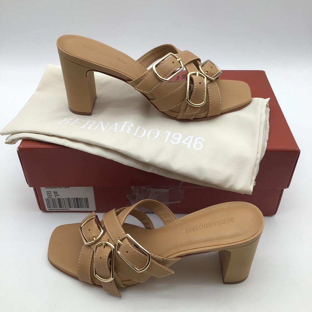 Bernardo 1946 Bea Buckled Heel Sandal Leather Square Toe Block Heel Size 8 NEW